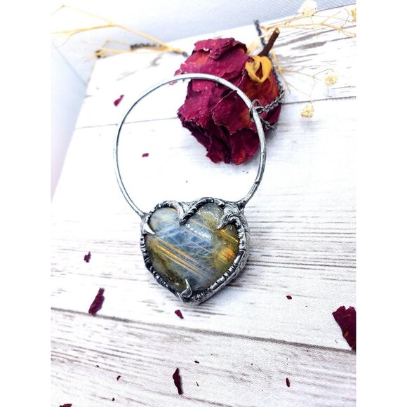 Labradorite Heart Crystal Necklace Handmade Gothic Fantasy Metalwork - Picture 6 of 12